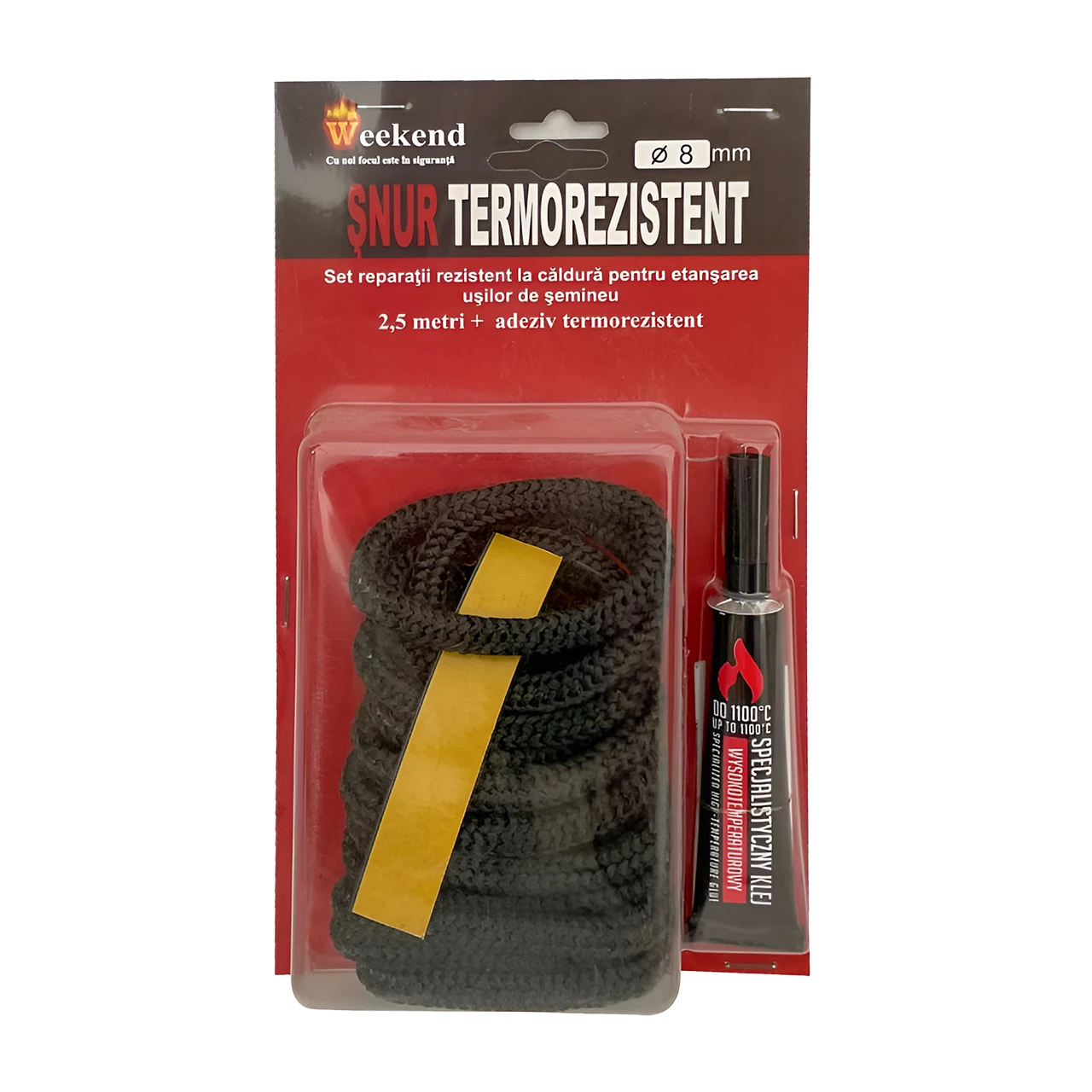 Set șnur termorezistent Ø8 mm, lungime 2,5 m, cu bandă și adeziv termorezistent